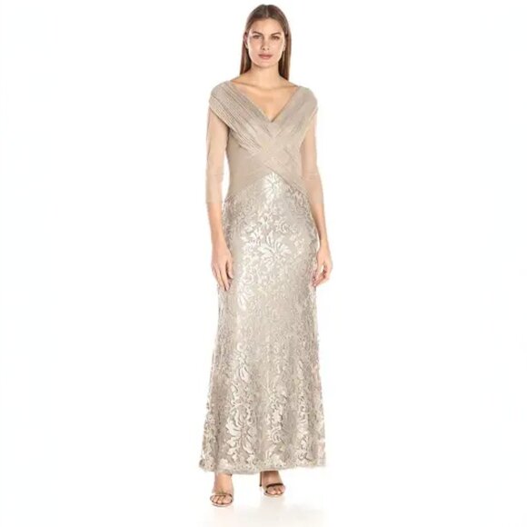 Tadashi Shoji Dresses & Skirts - Tadashi Shoji Off the Shoulder Champagne Gold Mesh Lace Sequin Gown Dress Size 8